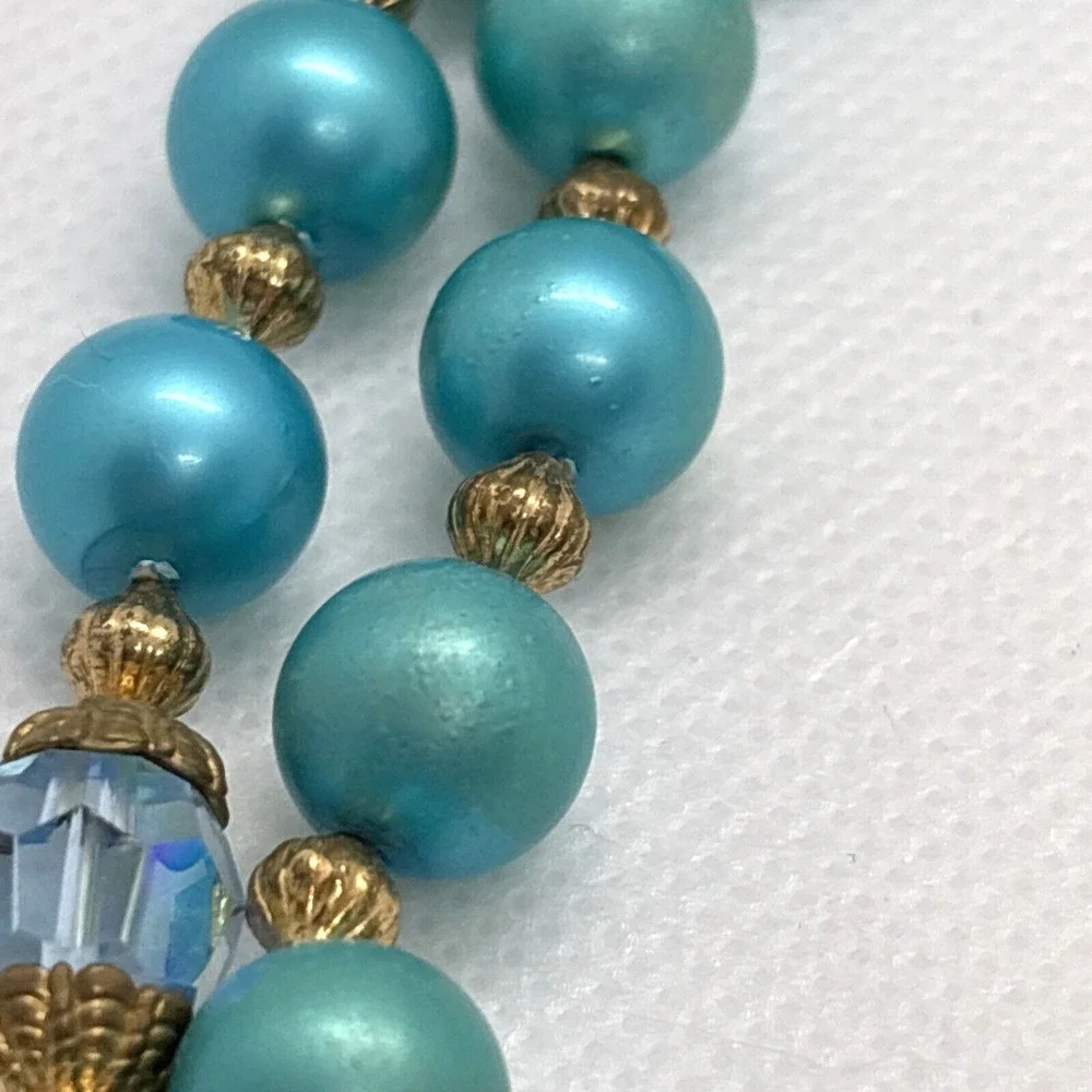 Vintage Aqua Blue Green Plastic Bead 2 Strand Tiered 16'' Necklace 1960s Retro‎